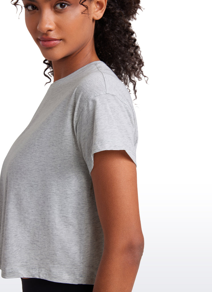 CRZ YOGA Women's Yoga Relaxed Fit Shirt Pima Cotton Crop Short Sleeves Light Grey Heather