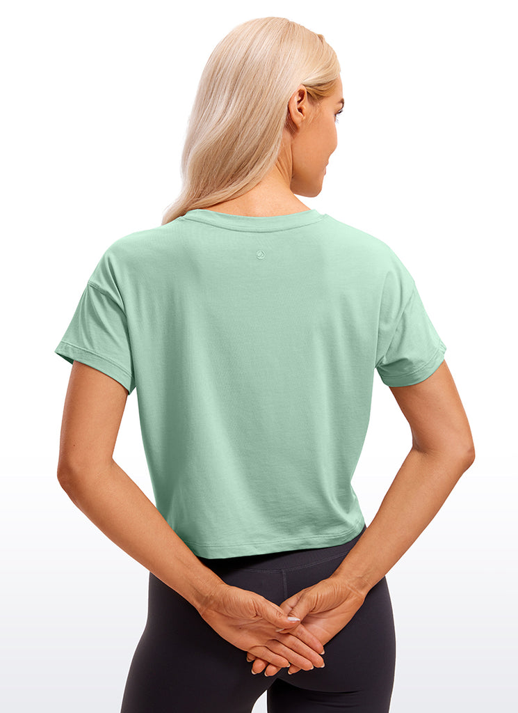 CRZ YOGA Women's Yoga Relaxed Fit Shirt Pima Cotton Crop Short Sleeves White