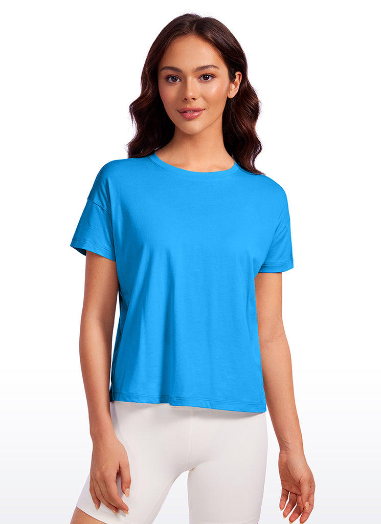 CRZ YOGA Women's Yoga Loose Fit Shirt Pima Cotton Short Sleeves Strong Blue
