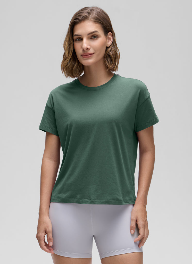 CRZ YOGA Women's Yoga Loose Fit Shirt Pima Cotton Short Sleeves Graphite Green