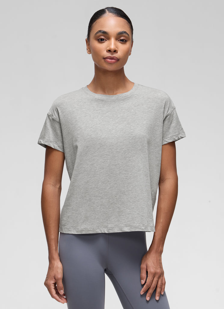 CRZ YOGA Women's Yoga Loose Fit Shirt Pima Cotton Short Sleeves Ice Grey White