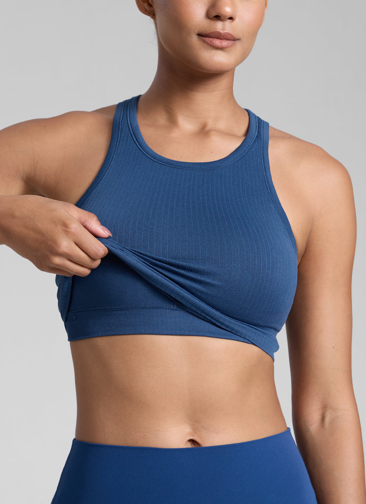 CRZ YOGA Women's Yoga Slim Fit Tops Seamless Longline Tank High Neck Sparkle Blue