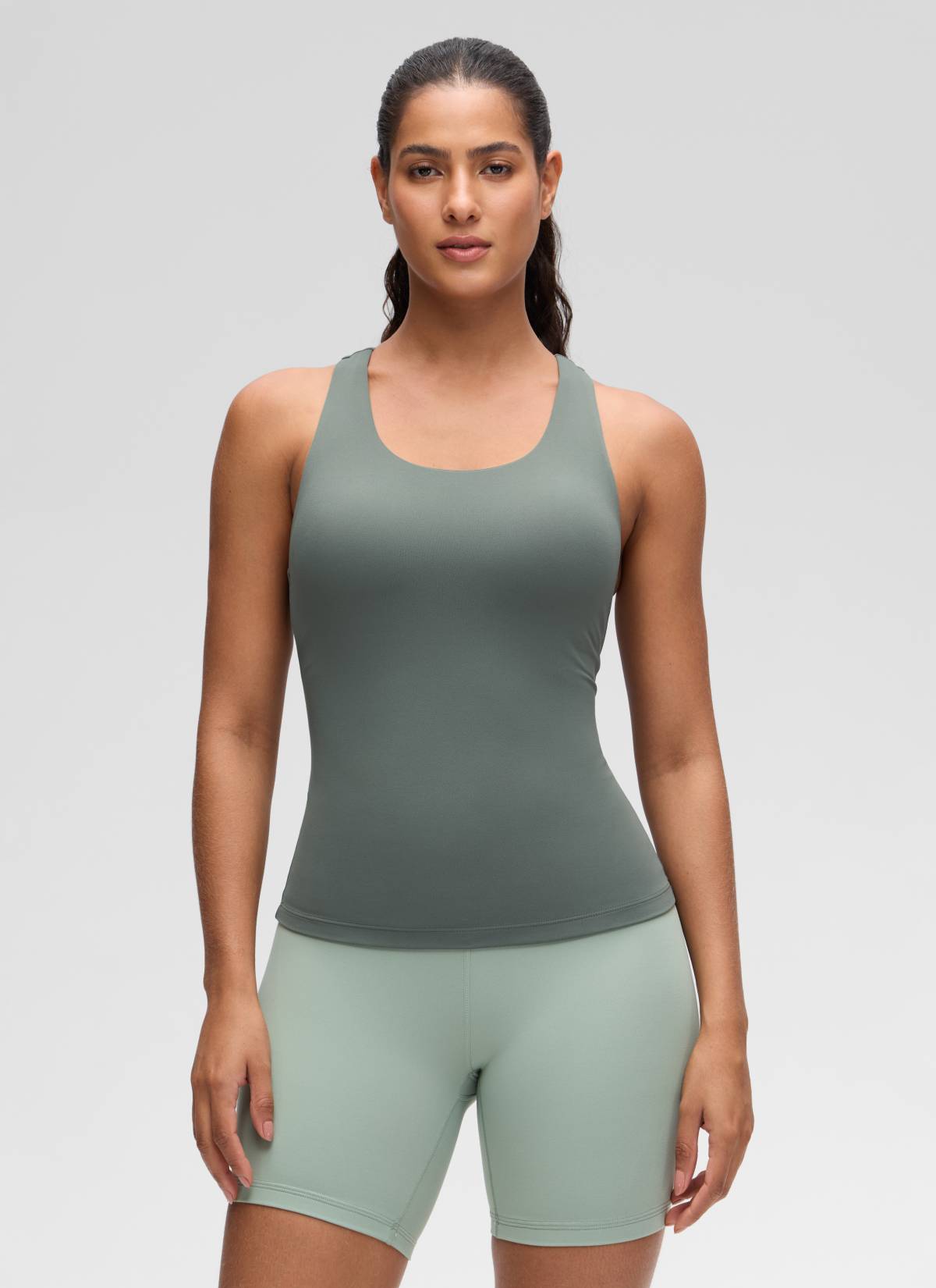 CRZ YOGA Women's Yoga Tight Fit Tops Butterluxe Built-in Bra Tank Grey Sage @model_info:Carol