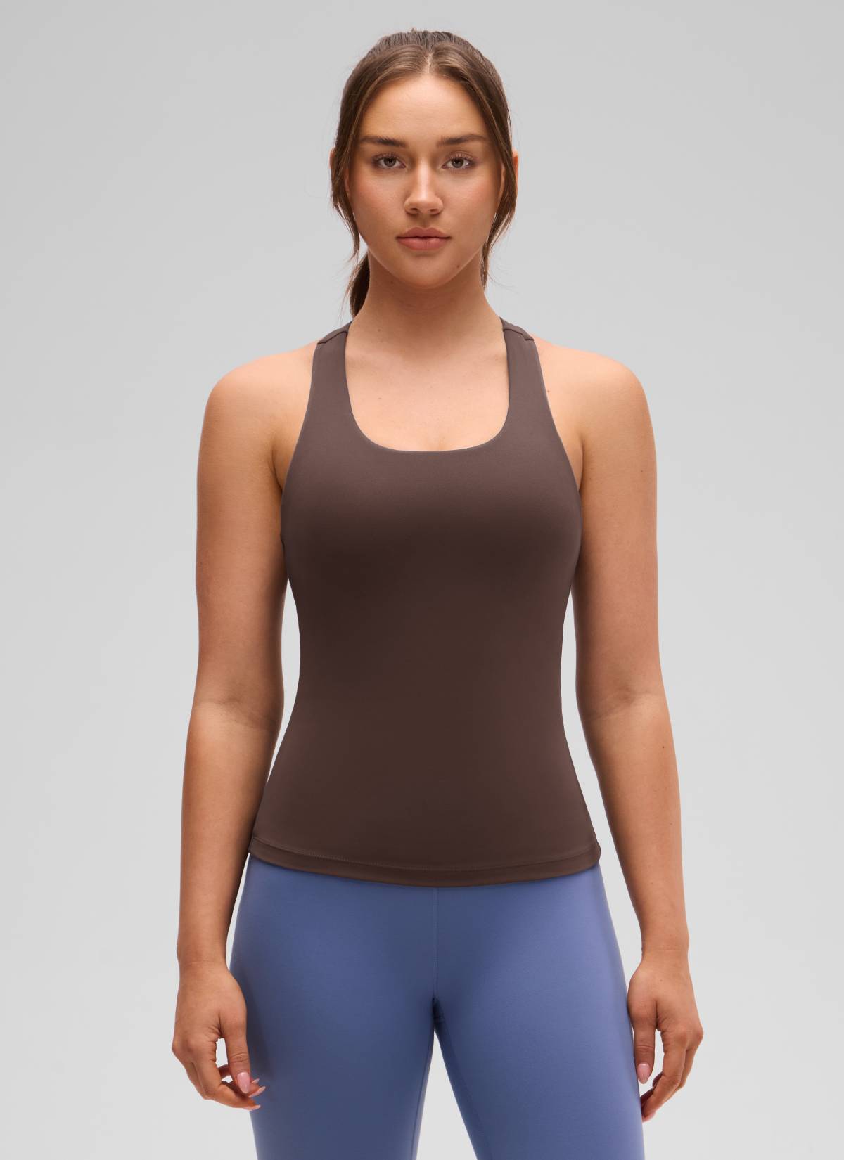 CRZ YOGA Women's Yoga Tight Fit Tops Butterluxe Built-in Bra Tank Hot Fudge Brown @model_info:Brooklyn