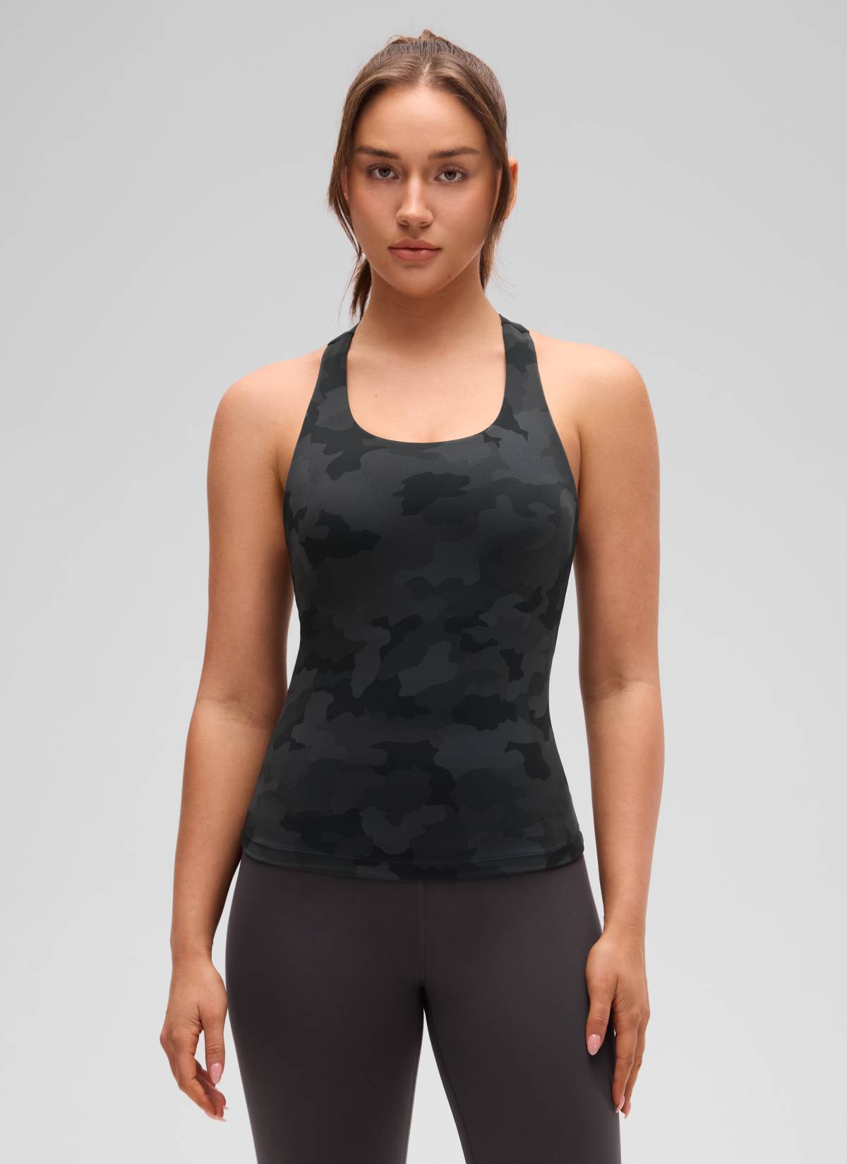 CRZ YOGA Women's Yoga Tight Fit Tops Butterluxe Built-in Bra Tank Dark Grey Camouflage 2 @model_info:Brooklyn