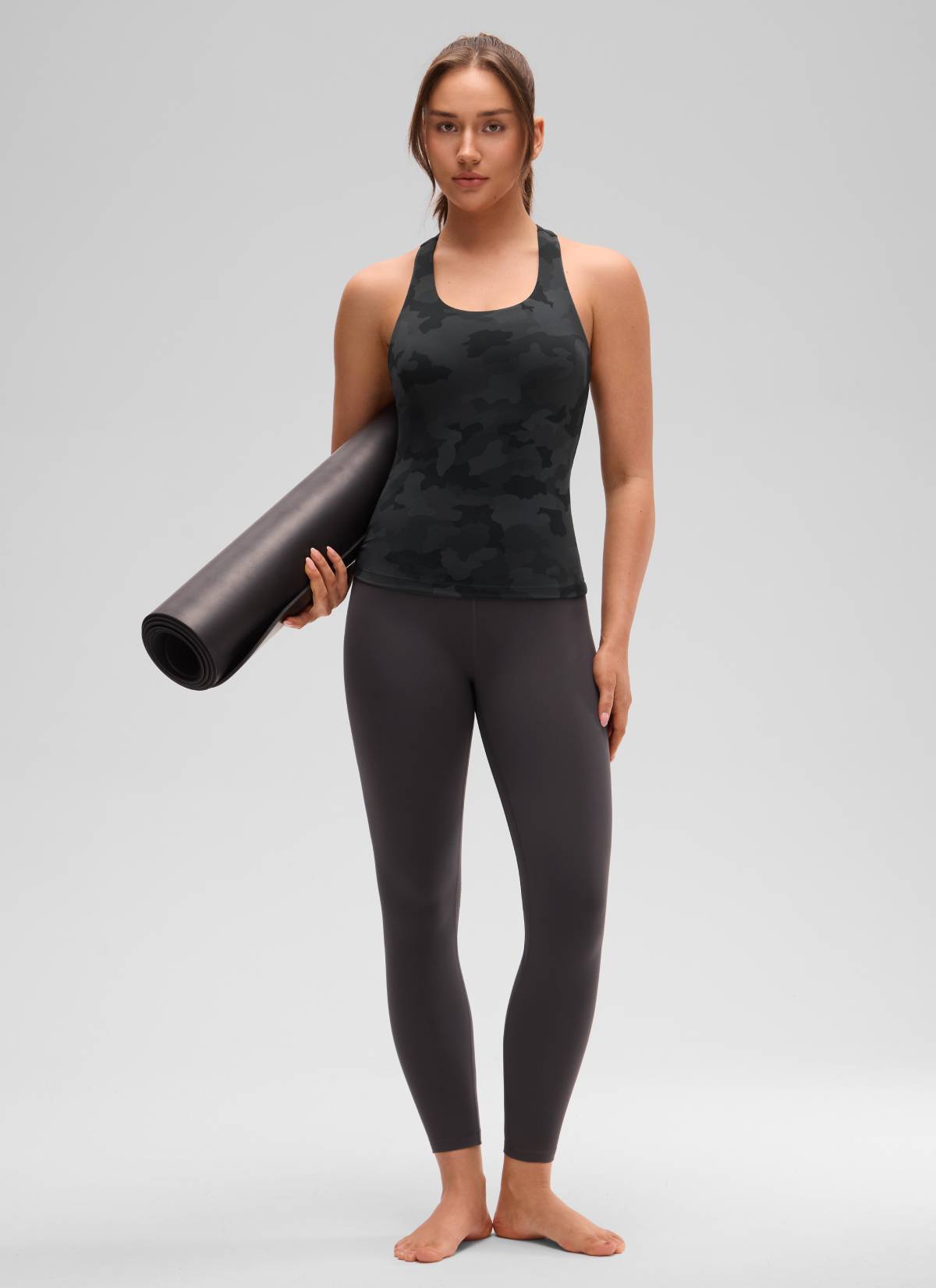 CRZ YOGA Women's Yoga Tight Fit Tops Butterluxe Built-in Bra Tank Dark Grey Camouflage 2 @model_info:Brooklyn