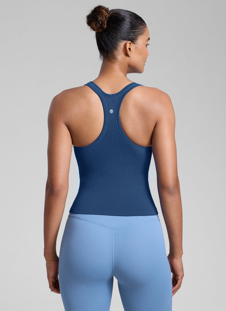 CRZ YOGA Women's Yoga Slim Fit Seamless Tank Crew Neck Waist Length French Navy