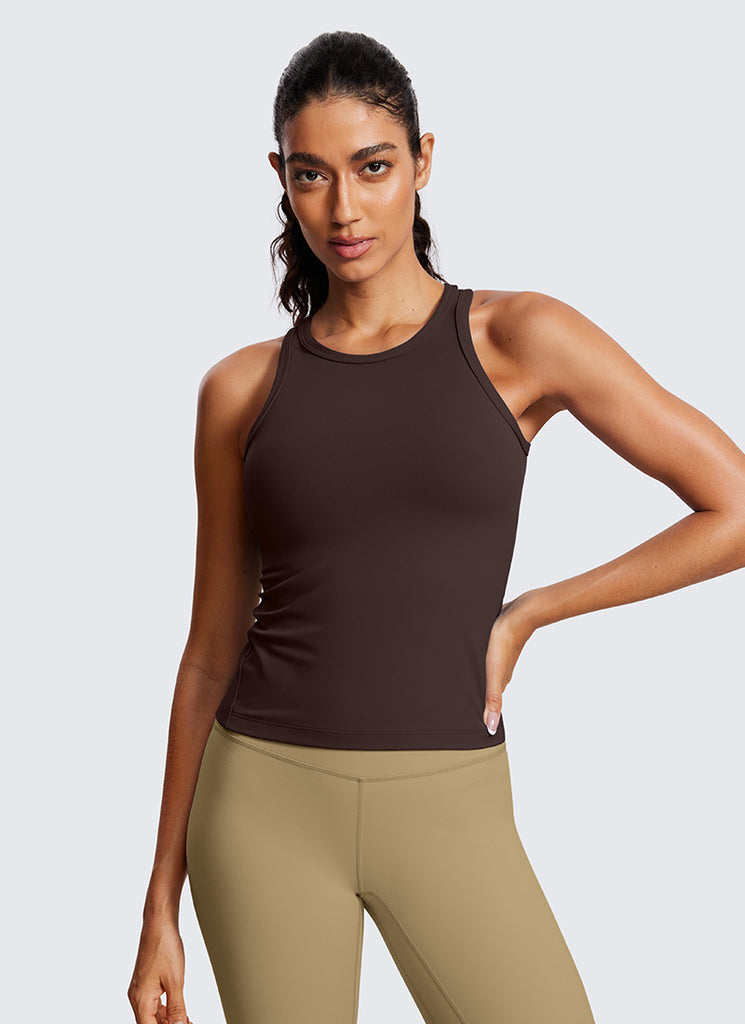 CRZ YOGA Women's Yoga Tight Fit Tops Butterluxe Tank Top High Neck Hot Fudge Brown