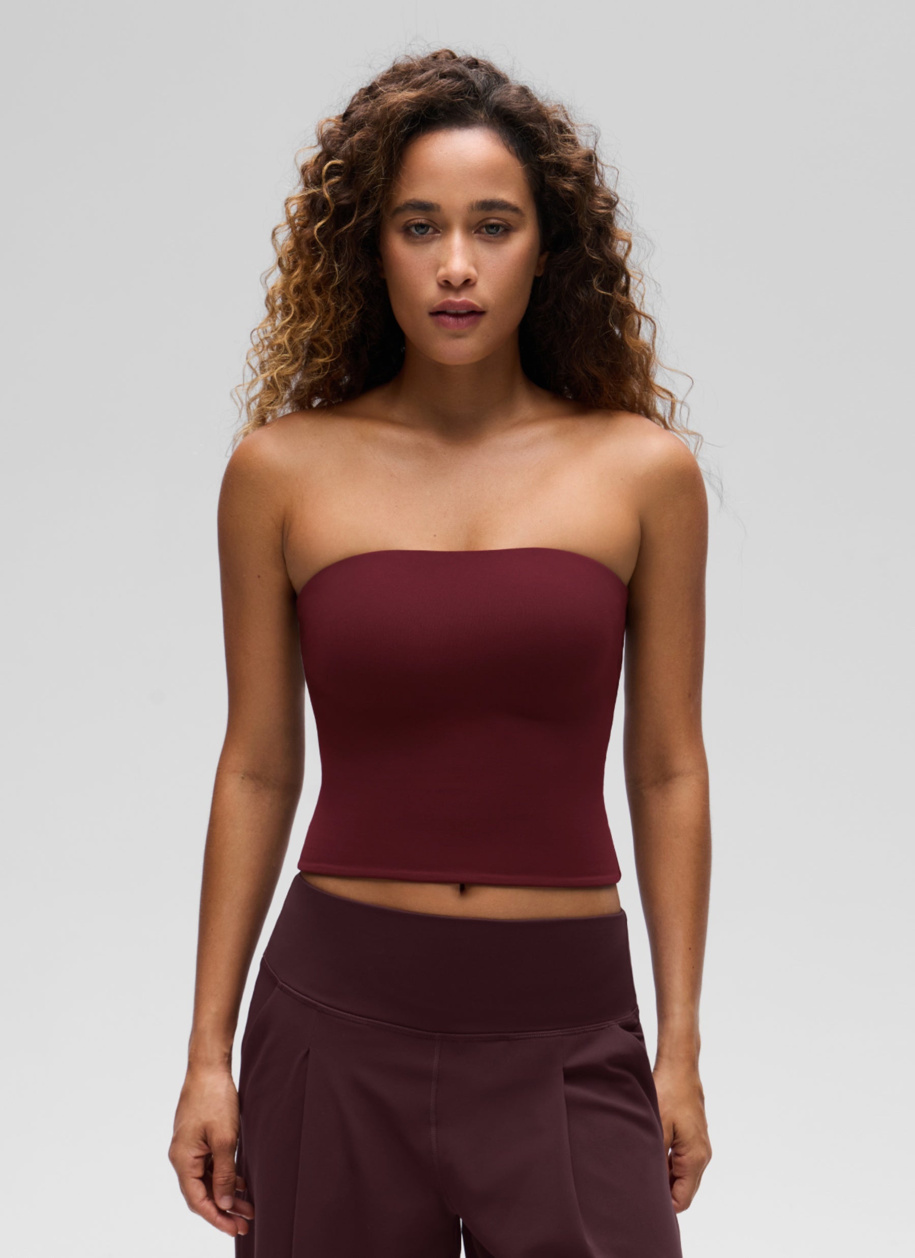CRZ YOGA Women's Casual Butterluxe Tight Fit Strapless Tops Red Merlot @model_info:G