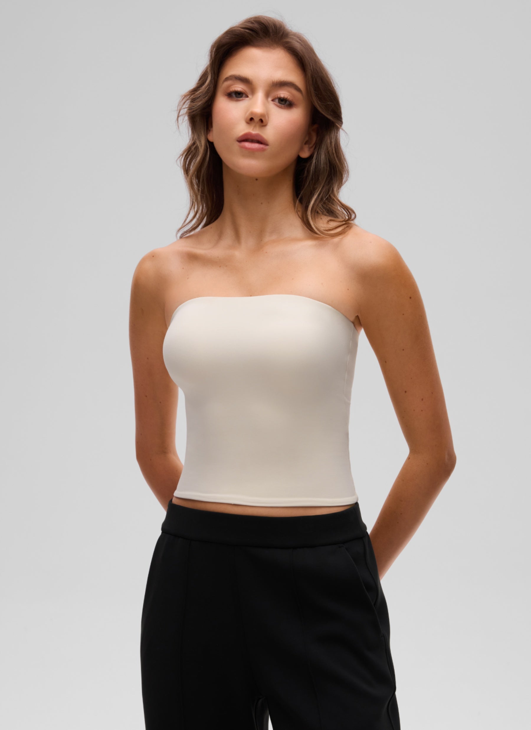 CRZ YOGA Women's Casual Butterluxe Tight Fit Strapless Tops Mojave Tan @model_info:K