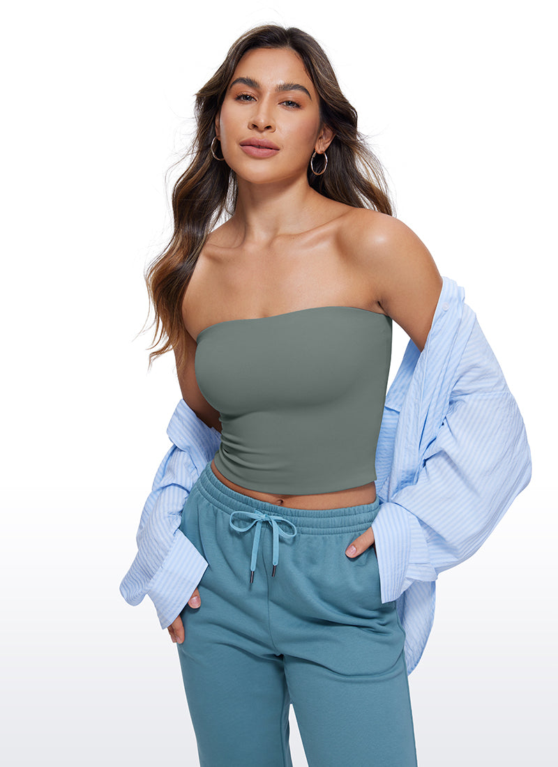 CRZ YOGA Women's Casual Butterluxe Tight Fit Strapless Tops Grey Sage @model_info:Joy