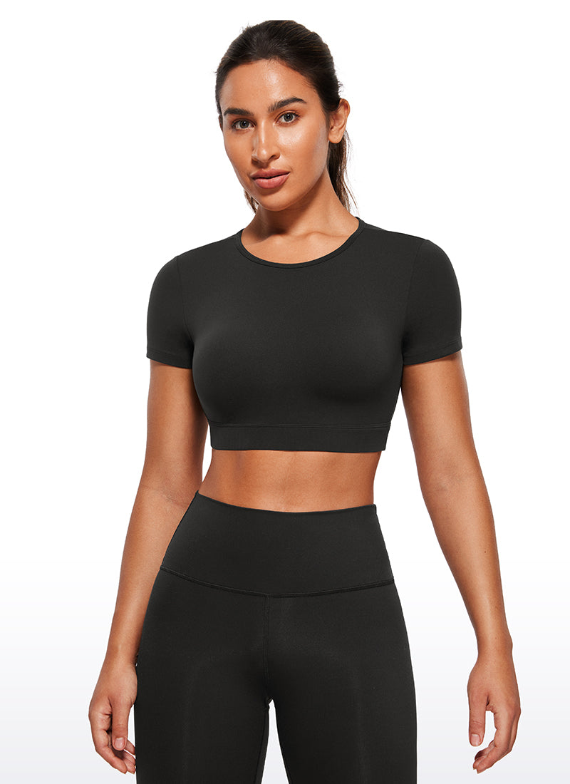 CRZ YOGA Women's Yoga Tight Fit Butterluxe Cropped Open Back Short Sleeves Black