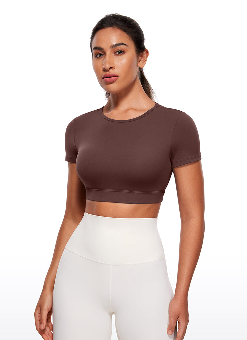 CRZ YOGA Women's Yoga Tight Fit Butterluxe Cropped Open Back Short Sleeves Taupe