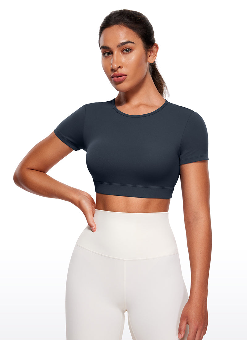 CRZ YOGA Women's Yoga Tight Fit Butterluxe Cropped Open Back Short Sleeves True Navy