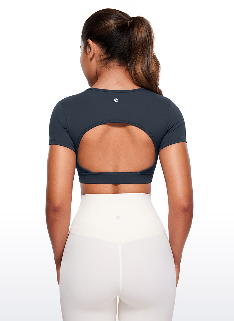 CRZ YOGA Women's Yoga Tight Fit Butterluxe Cropped Open Back Short Sleeves True Navy