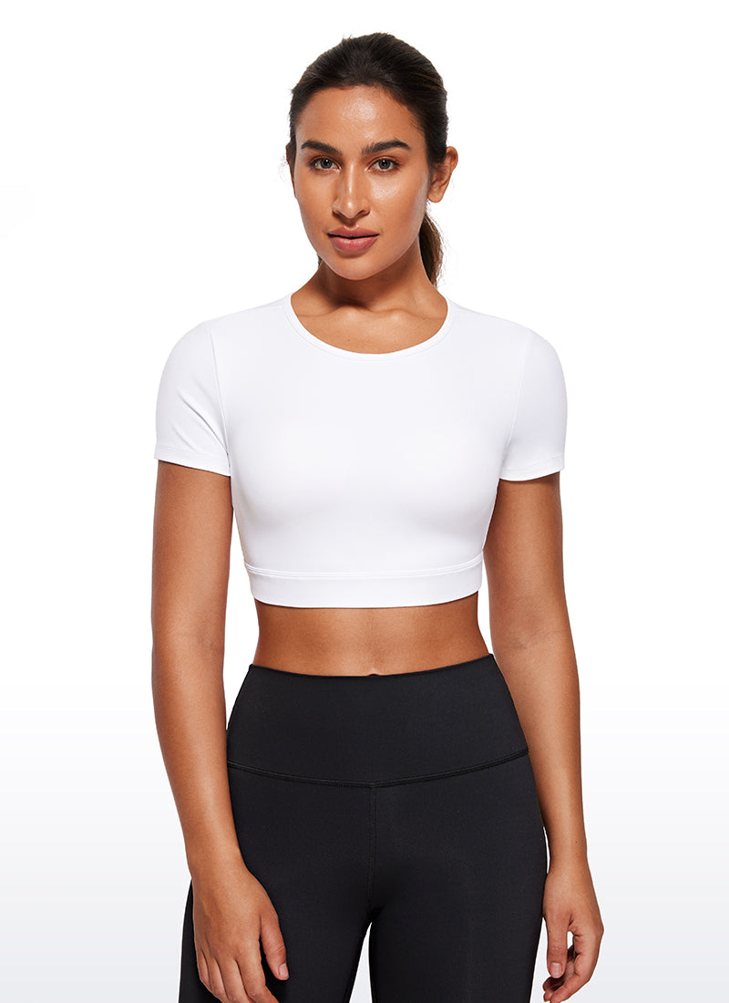 CRZ YOGA Women's Yoga Tight Fit Butterluxe Cropped Open Back Short Sleeves White