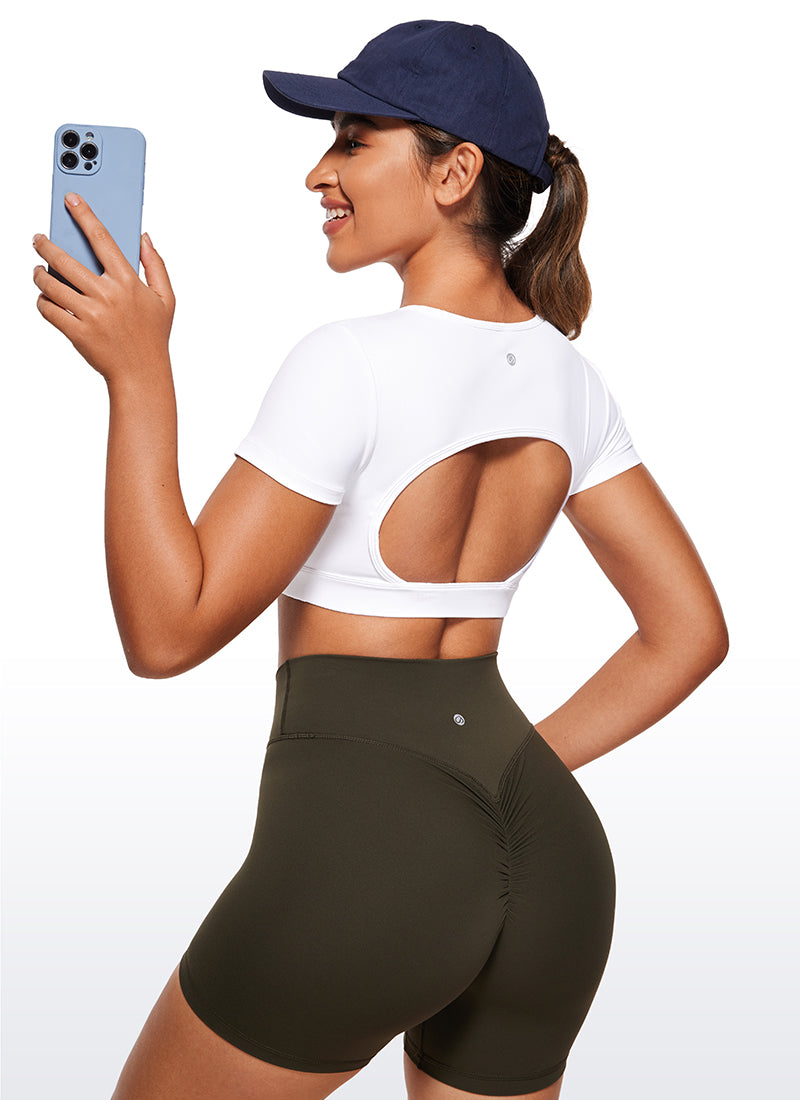 CRZ YOGA Women's Yoga Tight Fit Butterluxe Cropped Open Back Short Sleeves White