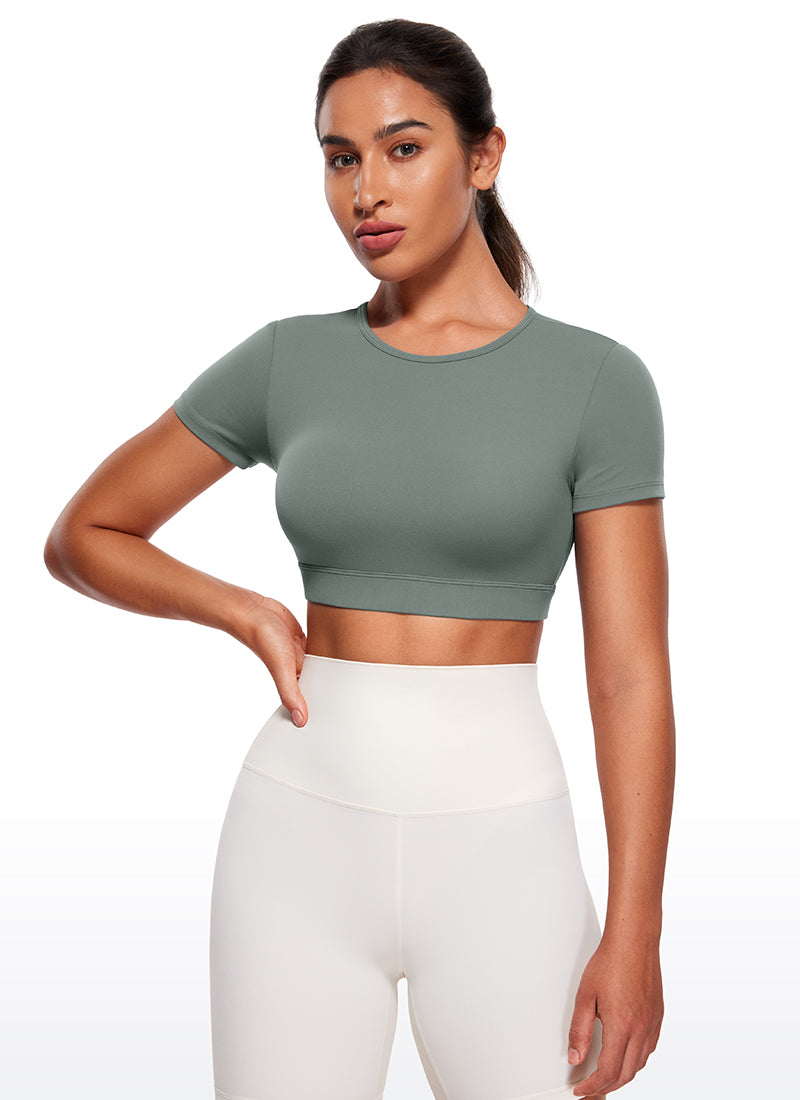 CRZ YOGA Women's Yoga Tight Fit Butterluxe Cropped Open Back Short Sleeves Grey Sage