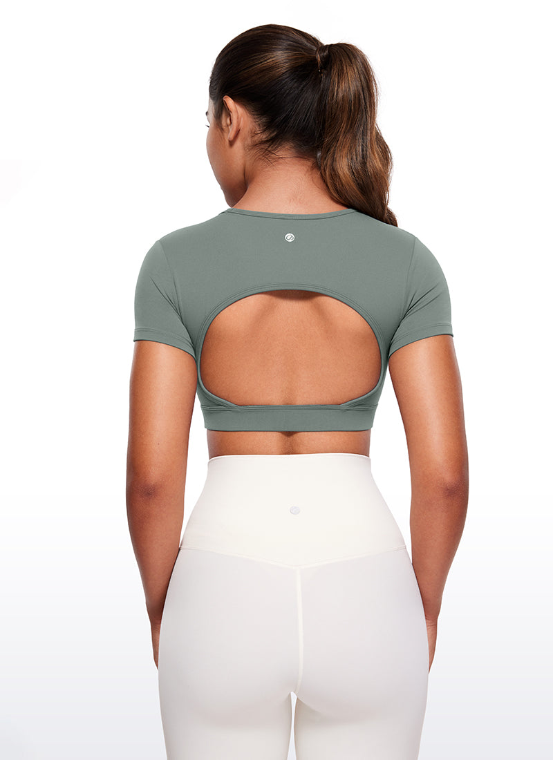 CRZ YOGA Women's Yoga Tight Fit Butterluxe Cropped Open Back Short Sleeves Grey Sage
