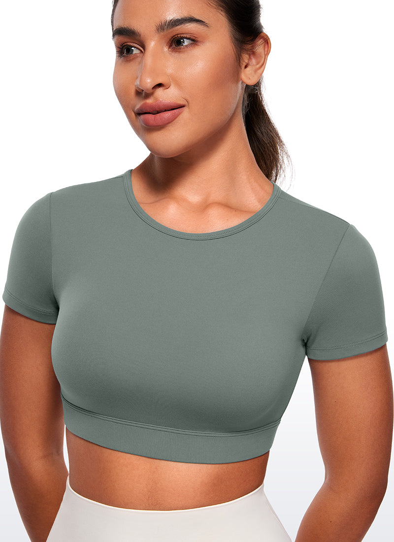 CRZ YOGA Women's Yoga Tight Fit Butterluxe Cropped Open Back Short Sleeves Grey Sage
