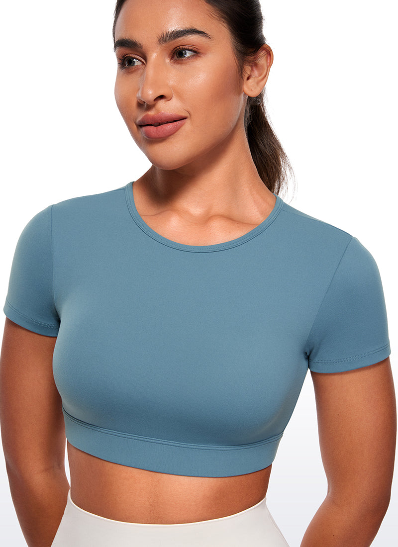 CRZ YOGA Women's Yoga Tight Fit Butterluxe Cropped Open Back Short Sleeves Blue Ashes
