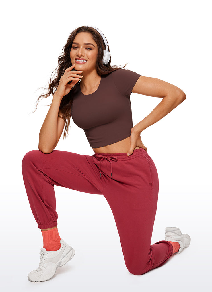 CRZ YOGA Women's Yoga Tight Fit Butterluxe Cropped Short Sleeves Taupe