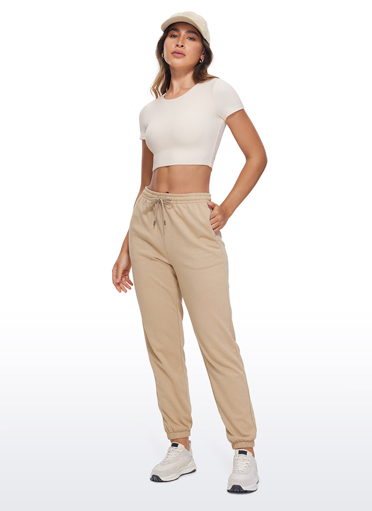 CRZ YOGA Women's Yoga Tight Fit Butterluxe Cropped Short Sleeves White Apricot