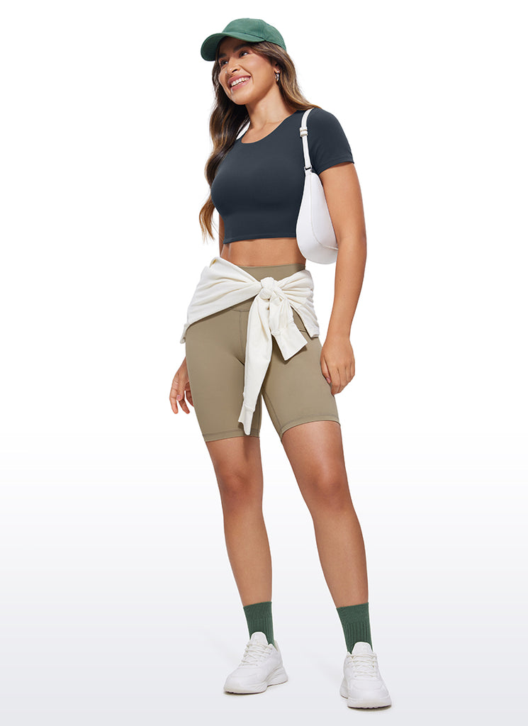 CRZ YOGA Women's Yoga Tight Fit Butterluxe Cropped Short Sleeves White