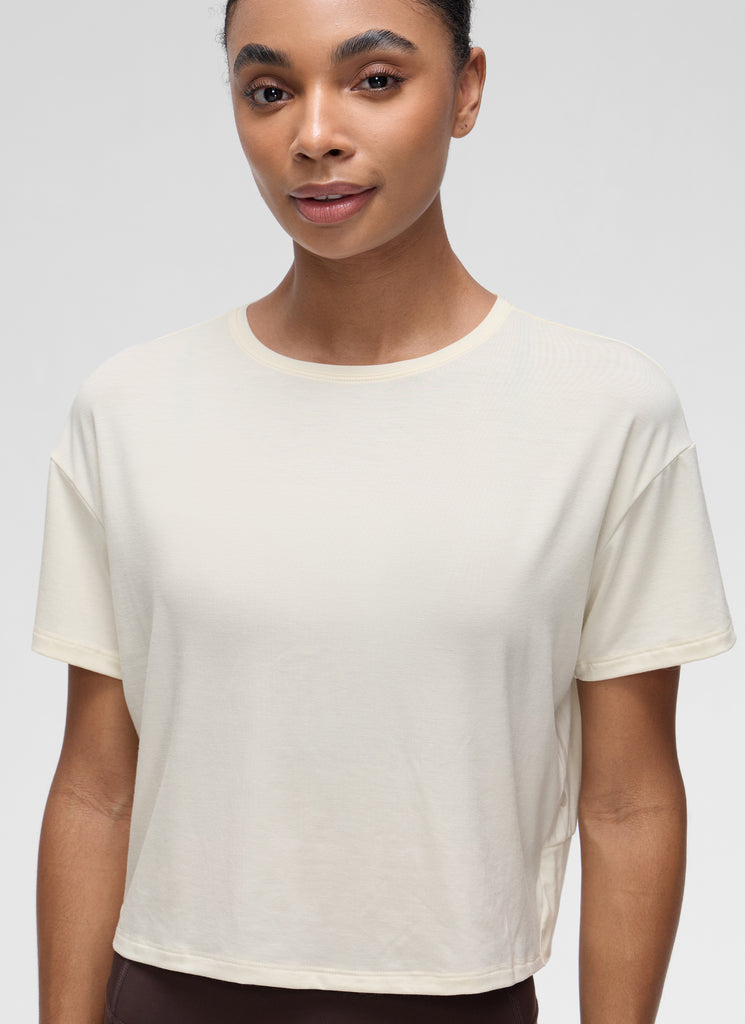 CRZ YOGA Women's Yoga Relaxed Fit Cropped Open Back Short Sleeves White Apricot