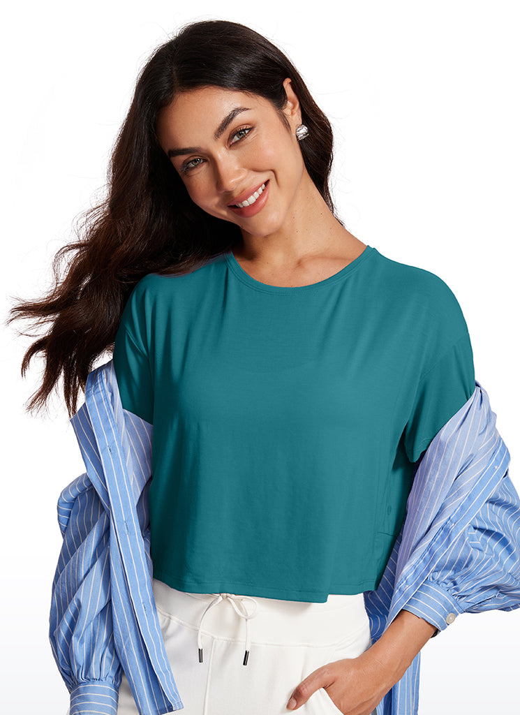 CRZ YOGA Women's Yoga Relaxed Fit Cropped Open Back Short Sleeves White