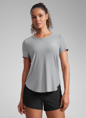 CRZ YOGA Women's Workout Lightweight Crewneck Short Sleeves Side Slit Silver Gray