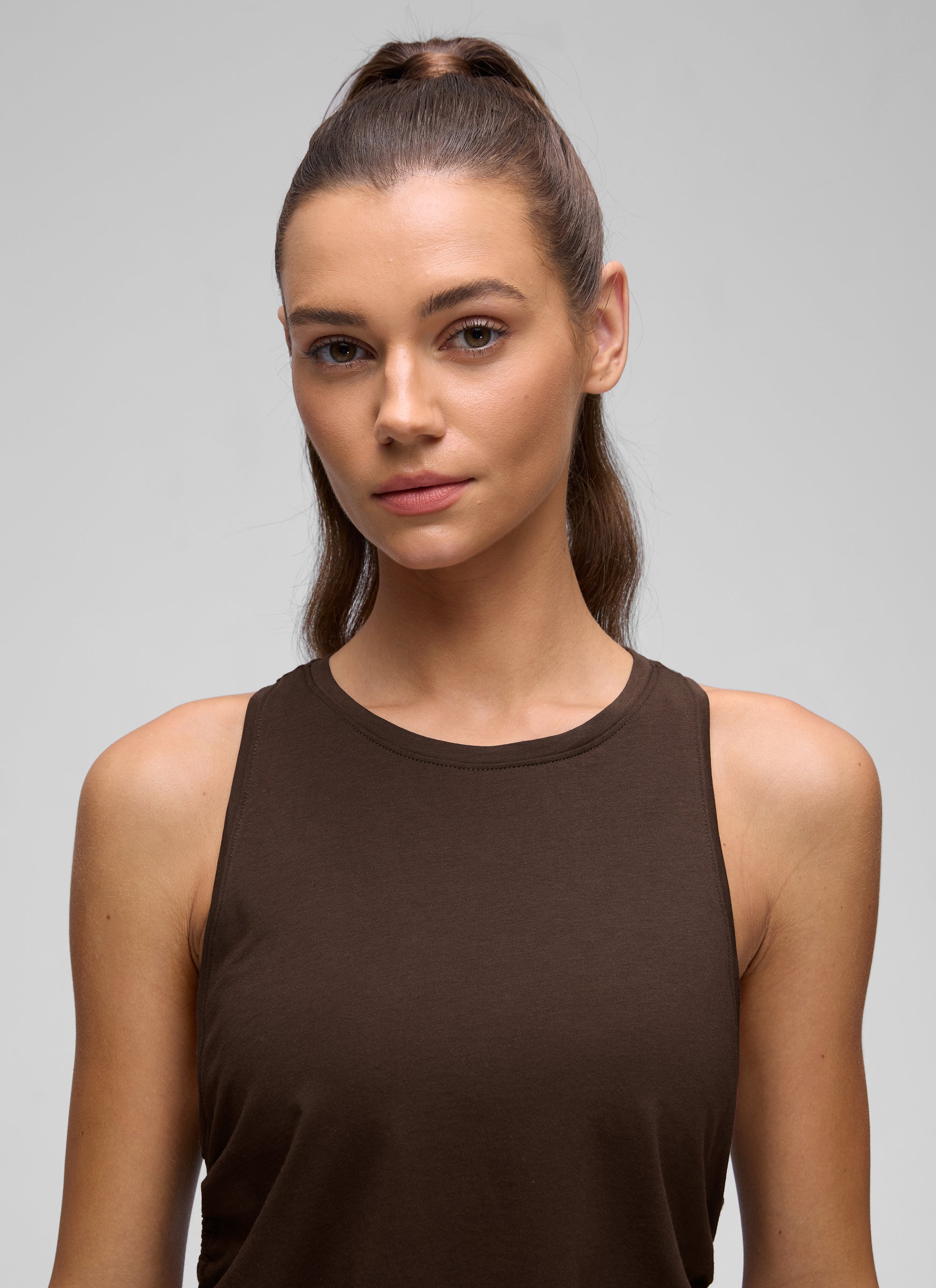 CRZ YOGA Women's Yoga Loose Fit Tops Pima Cotton Tank Ruched Racerback Hot Fudge Brown