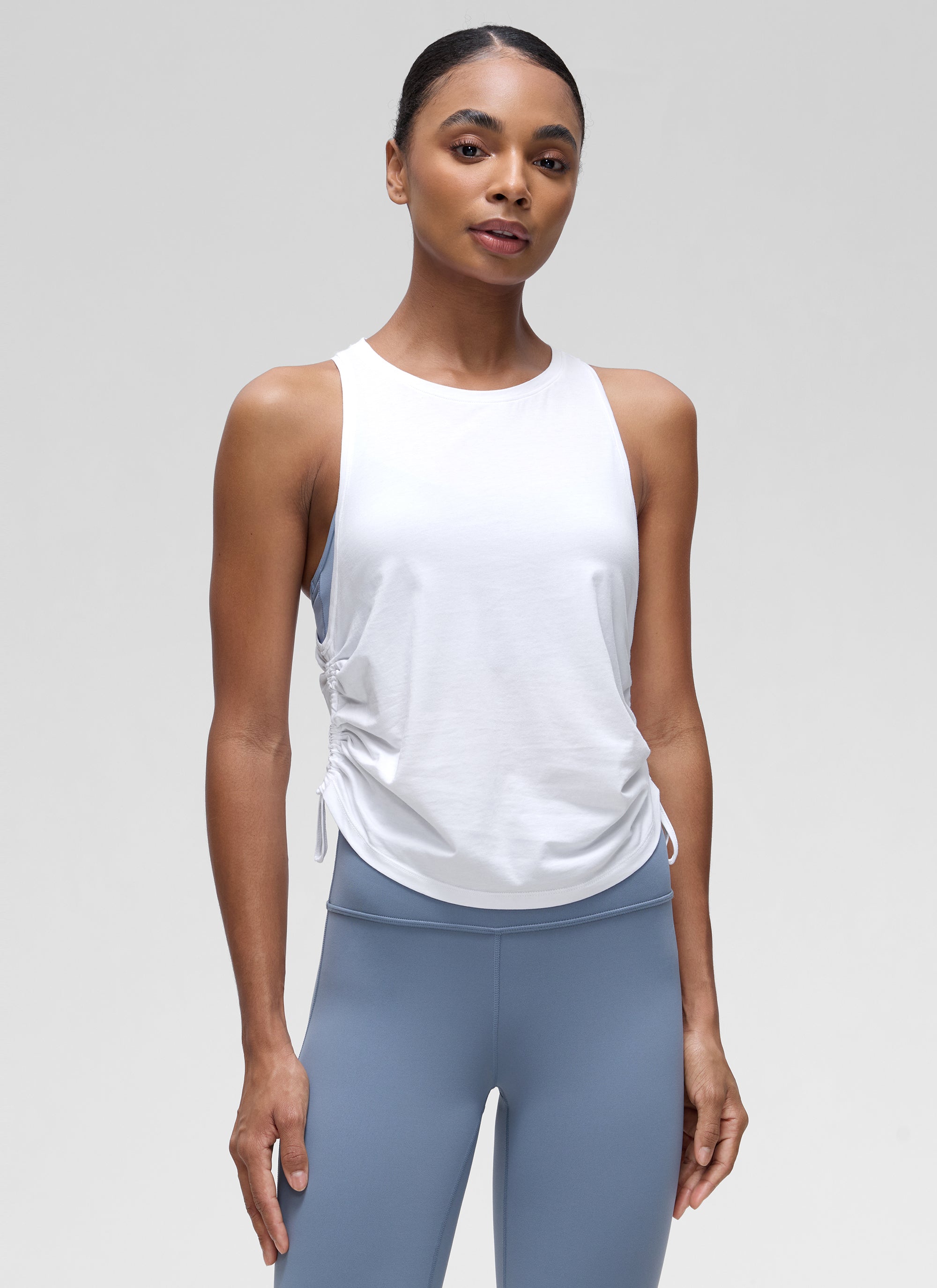 CRZ YOGA Women's Yoga Loose Fit Tops Pima Cotton Tank Ruched Racerback White