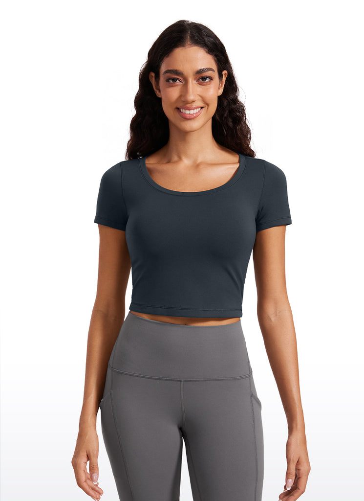 CRZYOGA Women's Slim Fit Scoop Neck Cropped Short Sleeves White