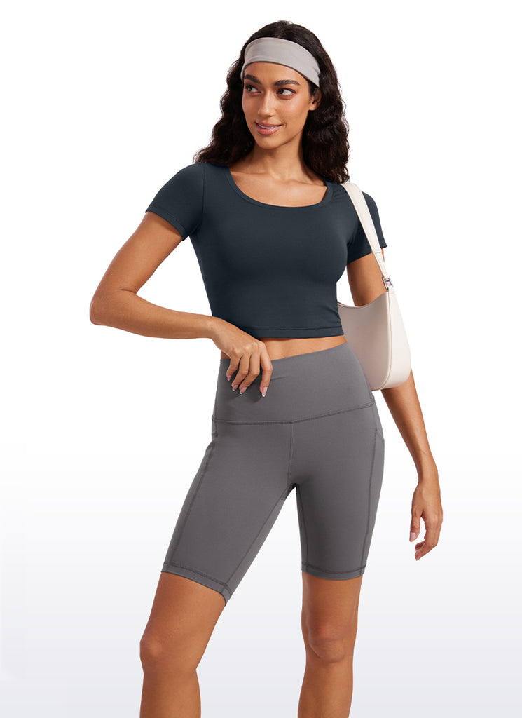 CRZYOGA Women's Slim Fit Scoop Neck Cropped Short Sleeves White