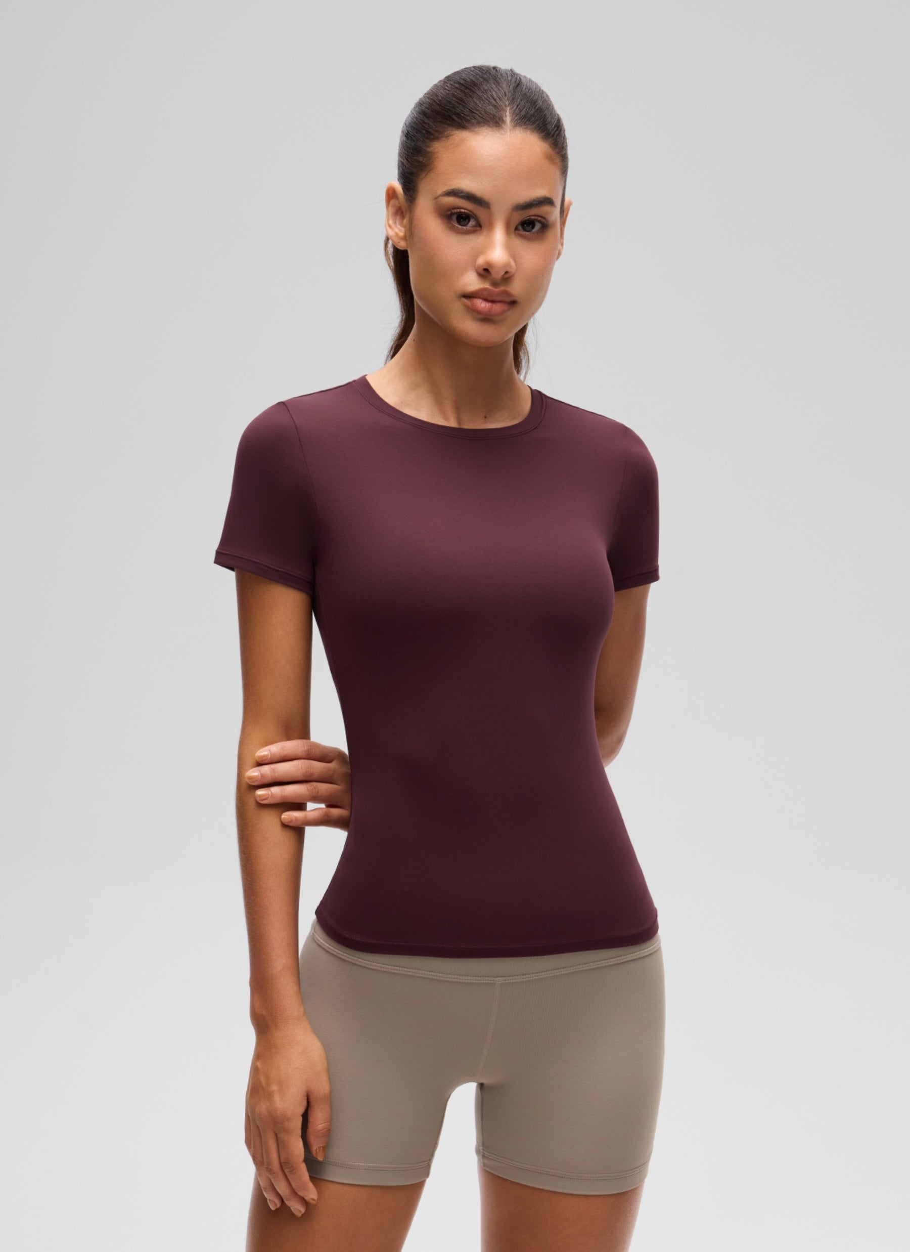CRZ YOGA Women Going Out Tops Soft High Crew Neck Casual Tight Shirts Ripe Plum