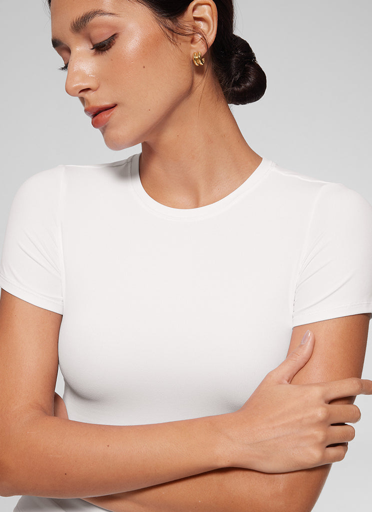 CRZ YOGA Women Going Out Tops Soft High Crew Neck Casual Tight Shirts White