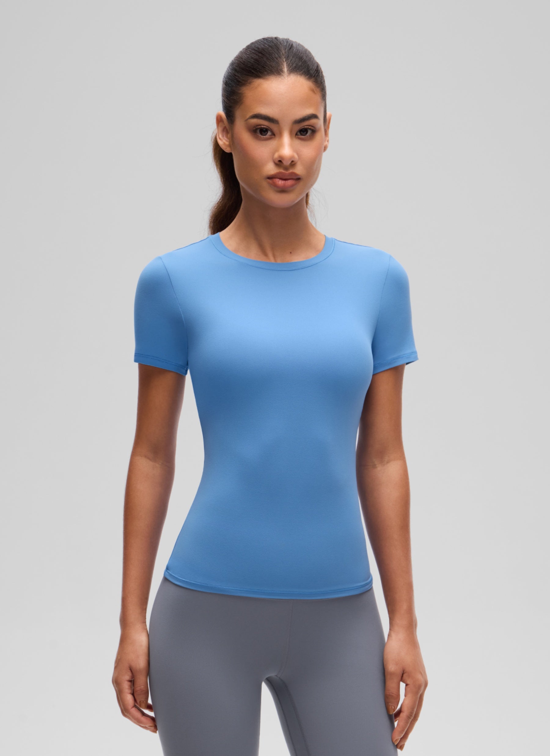 CRZ YOGA Women Going Out Tops Soft High Crew Neck Casual Tight Shirts Party Blue