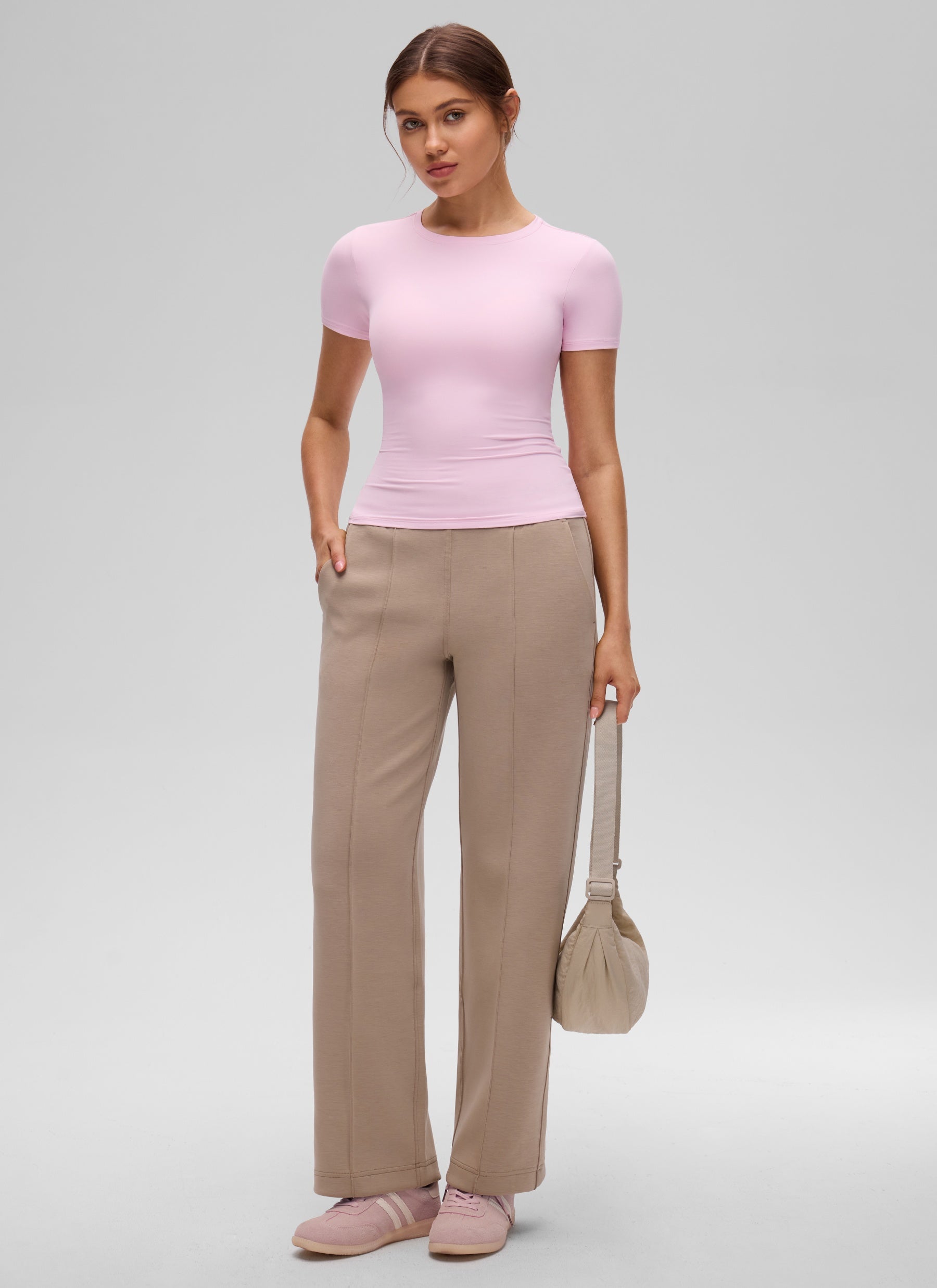 CRZ YOGA Women Going Out Tops Soft High Crew Neck Casual Tight Shirts Pink Peony
