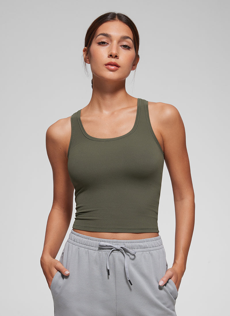 CRZ YOGA Women Softembrace Soft Double Lined Scoop Neck Tanks Casual Tops Light Army Green