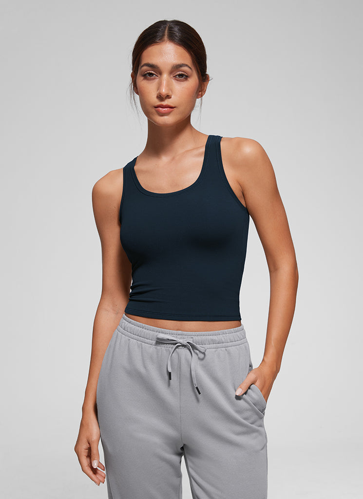 CRZ YOGA Women Softembrace Soft Double Lined Scoop Neck Tanks Casual Tops Sparkle Blue