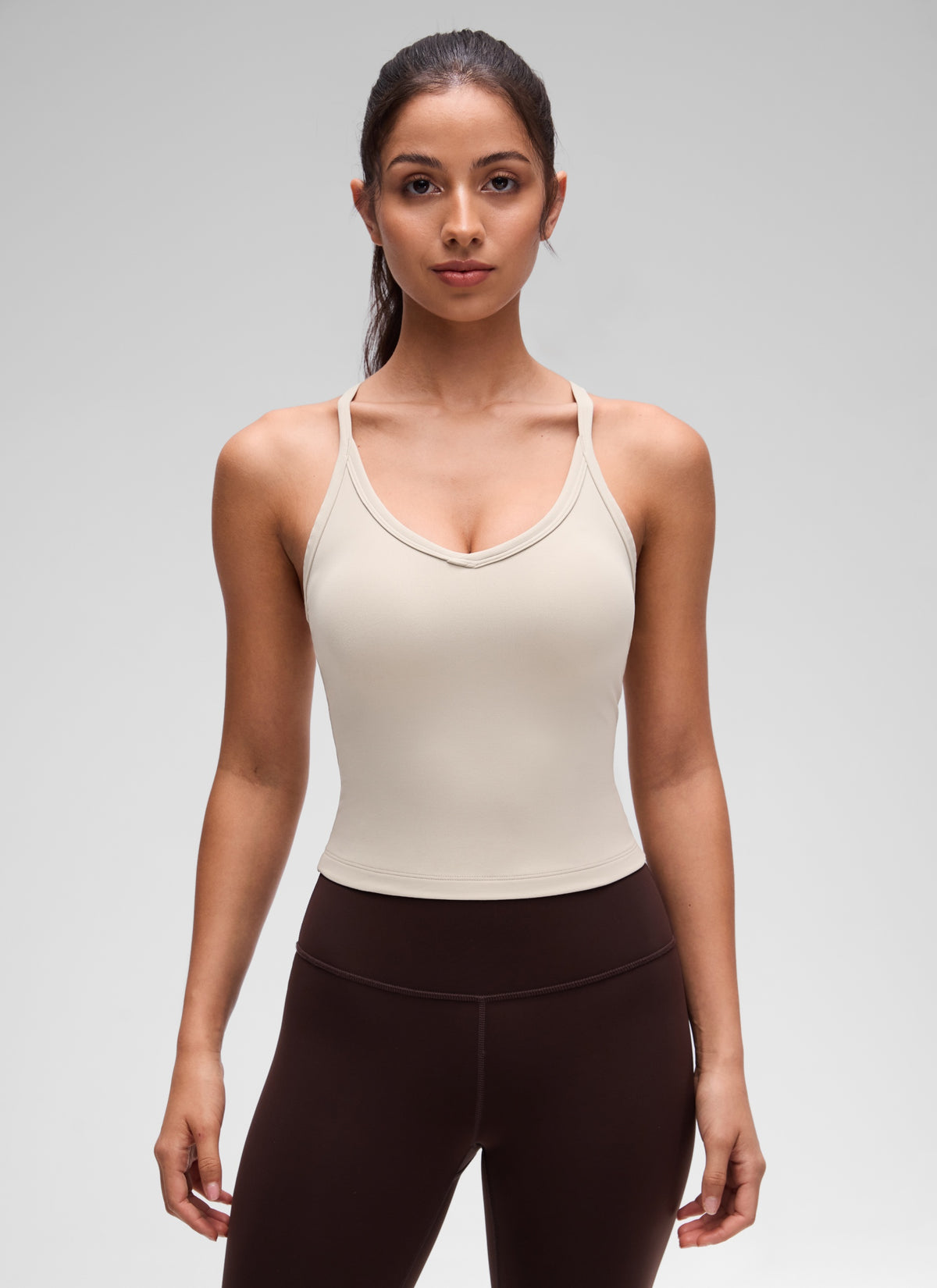 CRZ YOGA Women's Butterluxe Soft Double Lined V Neck Racerback Tanks Mojave Tan