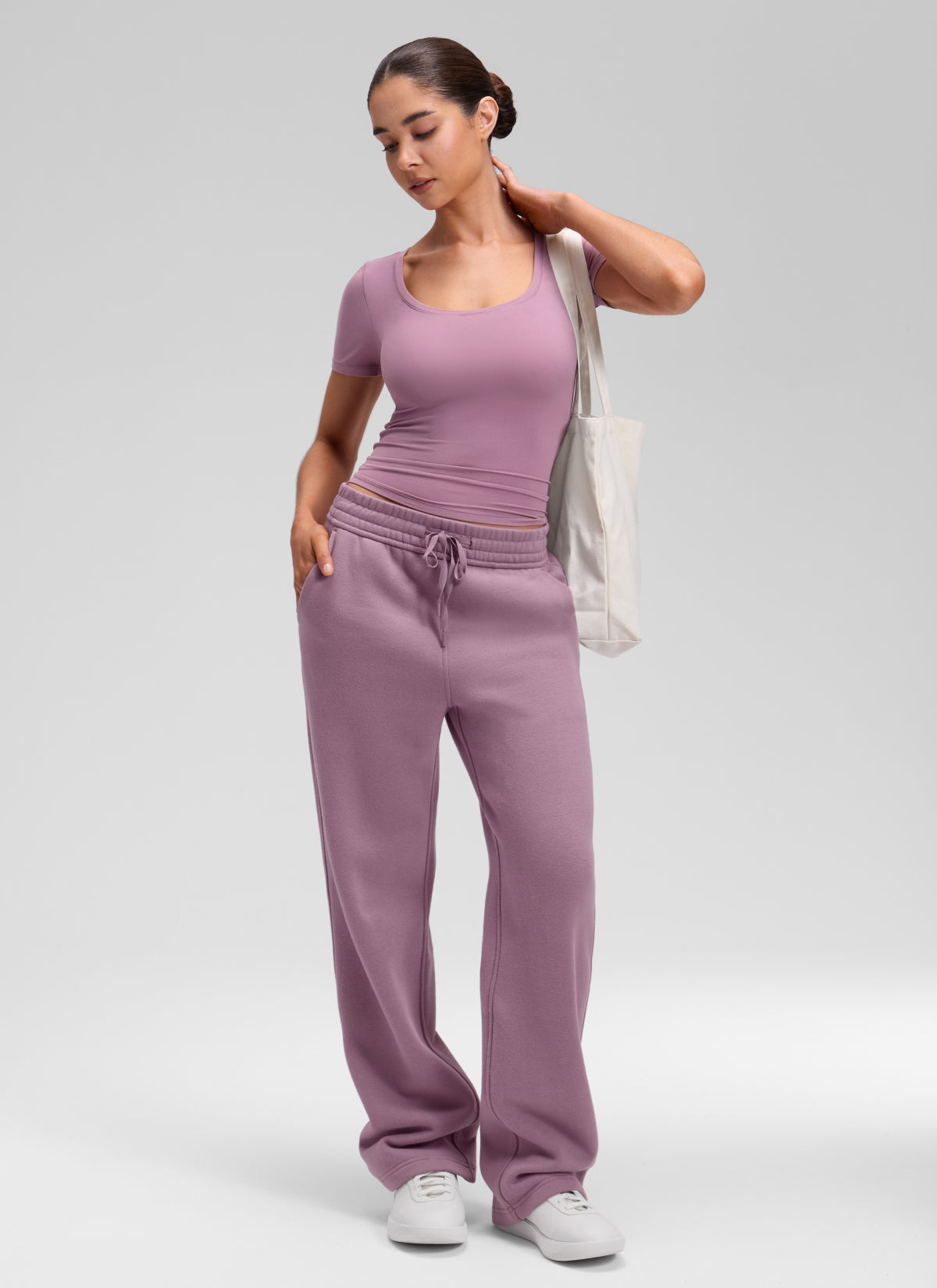 CRZ YOGA Women's Softembrace Casual U Neck Tight Fit Short Sleeve Light Lavender