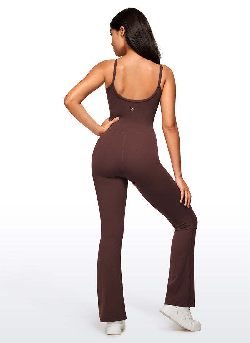 CRZ YOGA Women's Yoga Tight Fit Flare Jumpsuits Build-in Bra Bodysuits Taupe