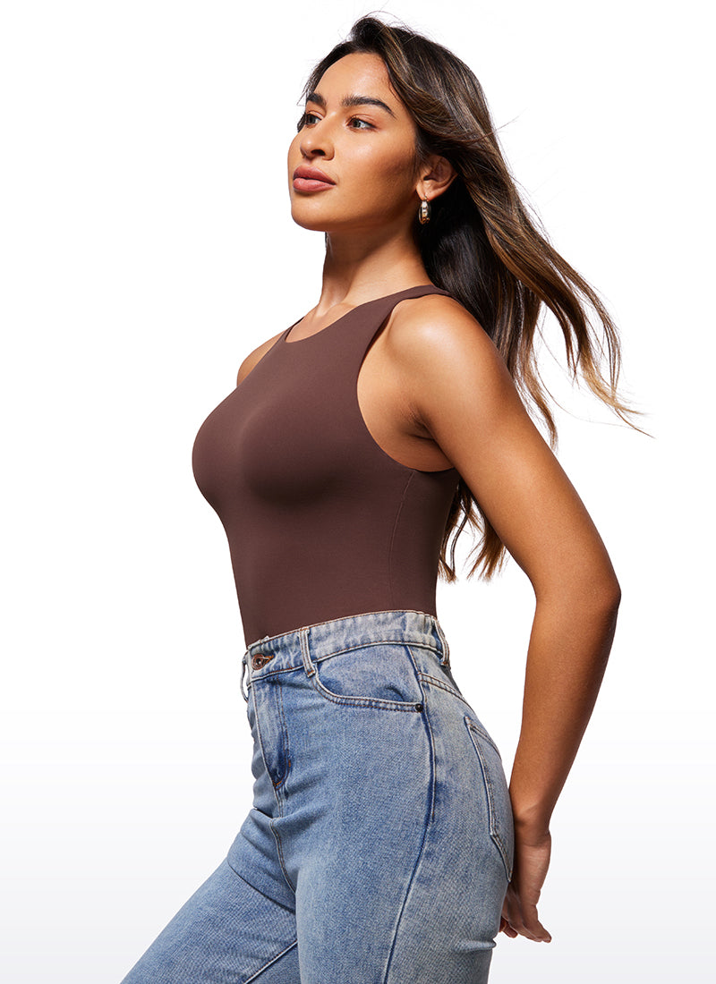 CRZ YOGA Women's Yoga Tight Fit High Neck Racerback Bodysuits Taupe @model_info:Joy
