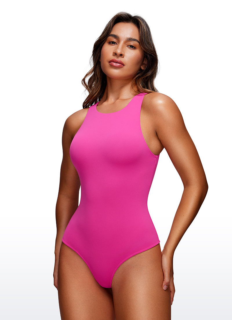CRZ YOGA Women's Yoga Tight Fit High Neck Racerback Bodysuits Hibiscus Purple @model_info:Joy