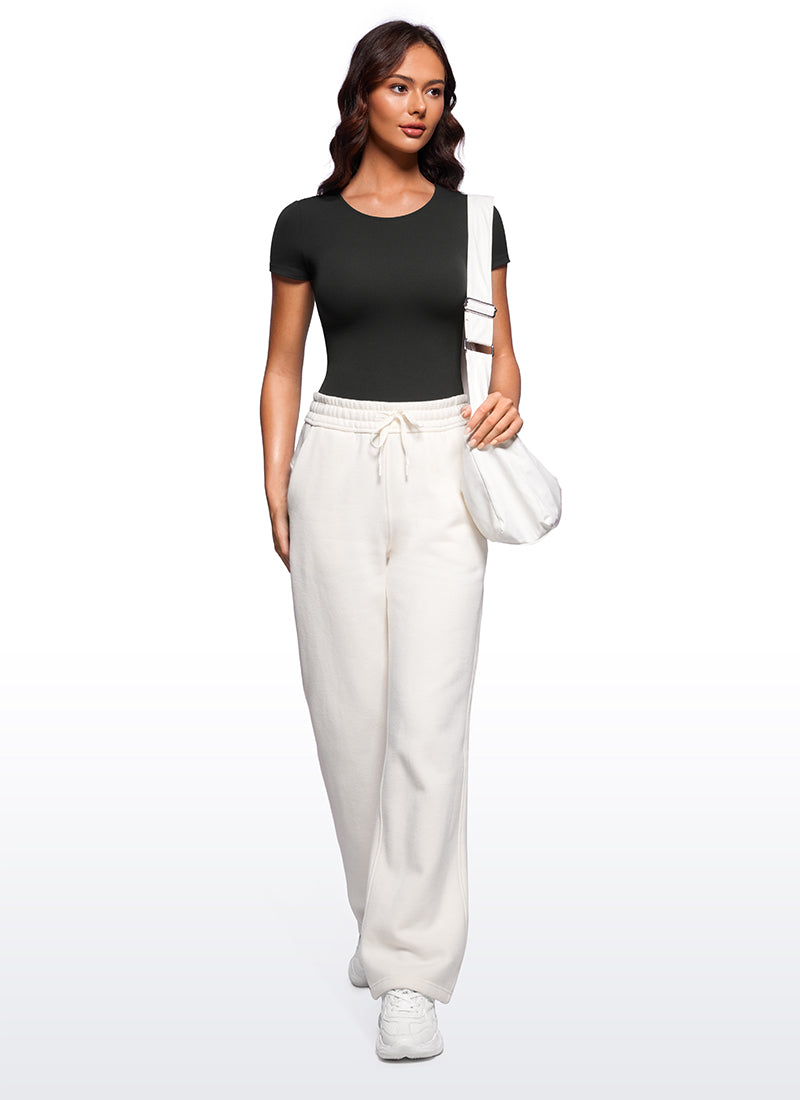 CRZ YOGA Women's Yoga Tight Fit Scoop Neck Short Sleeves Bodysuits Black @model_info:Alice