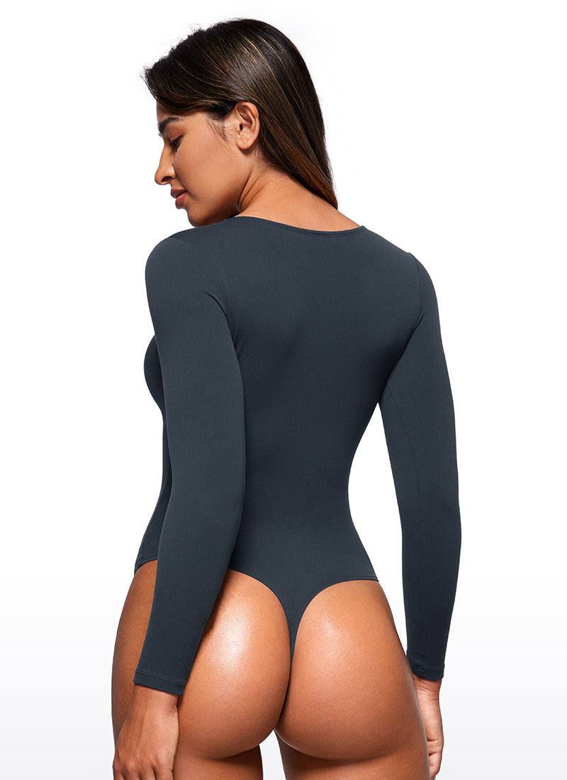 CRZ YOGA Women's Yoga Tight Fit Crew Neck Long Sleeves Bodysuits True Navy @model_info:Joy