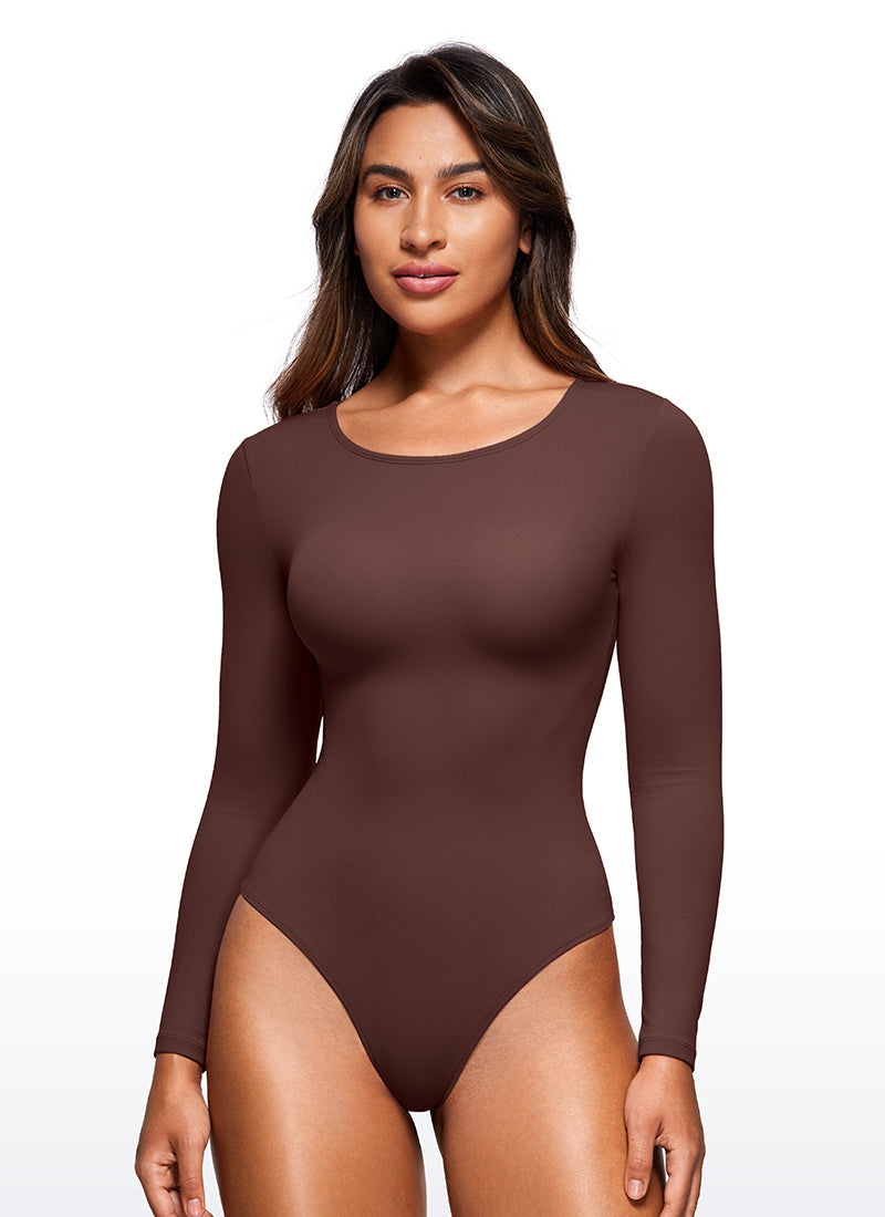 CRZ YOGA Women's Yoga Tight Fit Crew Neck Long Sleeves Bodysuits Taupe @model_info:Joy