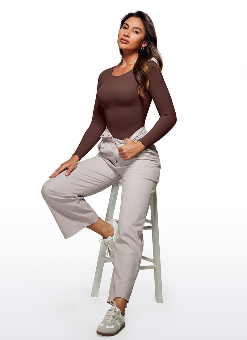 CRZ YOGA Women's Yoga Tight Fit Crew Neck Long Sleeves Bodysuits Taupe @model_info:Joy